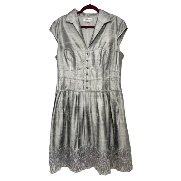 Kay Unger New York Silk Silver Crystal Button Pleat Skirt A-Line Dress Womens 16 - Picture 1 of 10